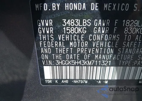 2019 Honda Fit Lx из США, поврежденный, VIN 3HGGK5H43KM711321